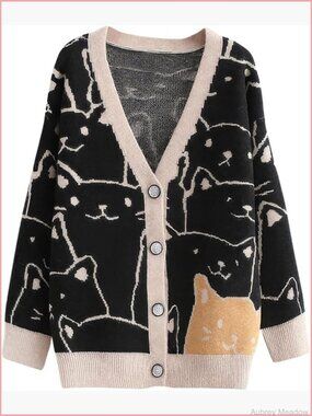 Cute Cartoon Cat Cardigan Kawaii Open Front Knit Sweater Coat